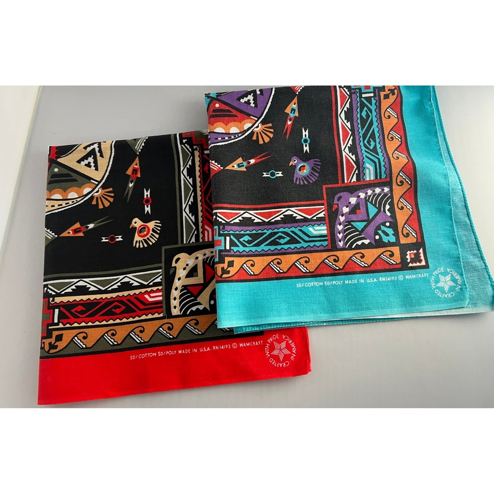 Vintage Wamcraft Bandanas Set of 2 Southwestern Geometric Bird USA Made RN14193